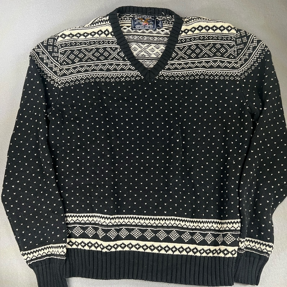 Vintage Black White Knit Sweater Cottage Core Cabin Vibes Winter Cozy Nordic